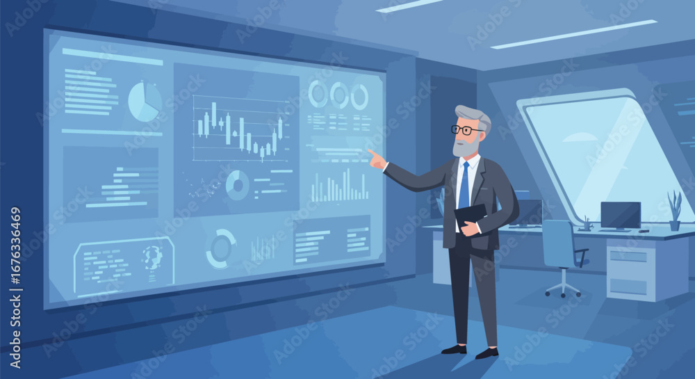 Fototapeta premium Professional presenting financial data on a digital screen in an office setup