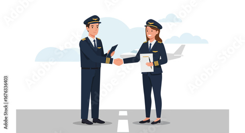 Two airline pilots shake hands, pre-flight briefing, airport tarmac, documents.
