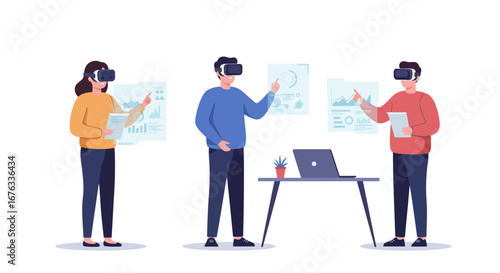 A team of professionals in virtual reality headsets analyzing data on futuristic holographic interfaces.