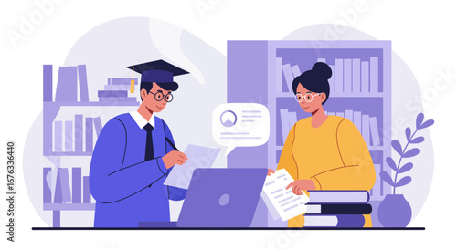 A graduate student in a cap and gown receiving guidance from a female advisor with a laptop and documents in a library.