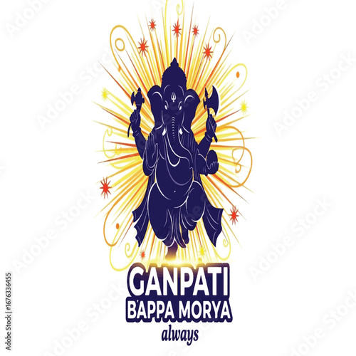 A vibrant illustration of Lord Ganesha, a Hindu deity, with the words 'Ganpati Bappa Morya' in a celebratory design.