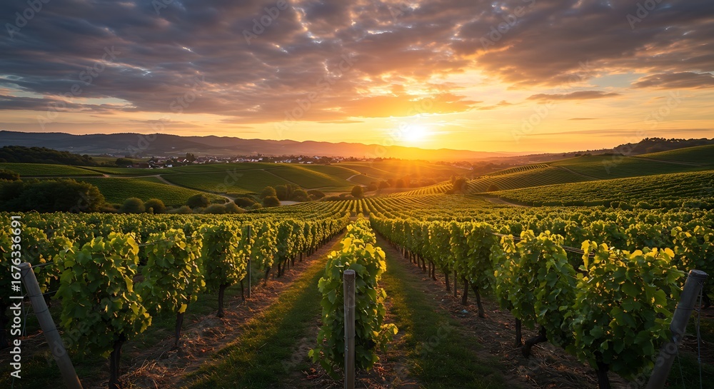 Fototapeta premium Lush vineyard valley under golden evening skies