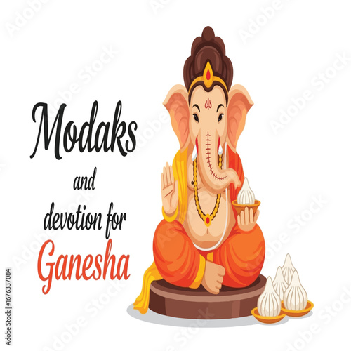 Illustration of Lord Ganesha sitting with modaks, symbolizing devotion and offerings.