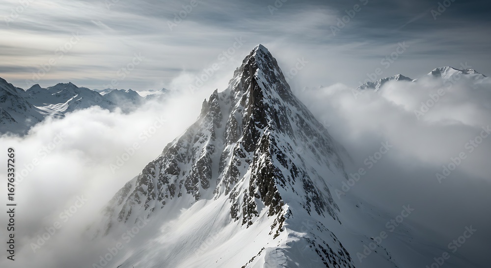 Obraz premium Majestic Mountain Peak Shrouded in Clouds A Winter Landscape