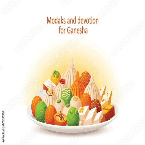 A vibrant illustration of a plate filled with traditional Indian sweets, including various colorful modaks, ladoos, and barfis, symbolizing devotion for Ganesha.