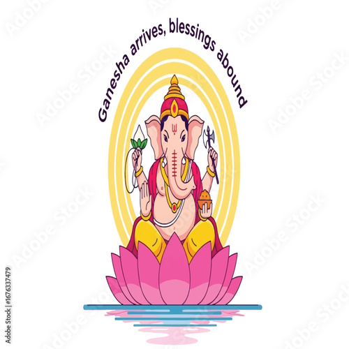 Illustration of Lord Ganesha sitting on a lotus with a rainbow background and text.