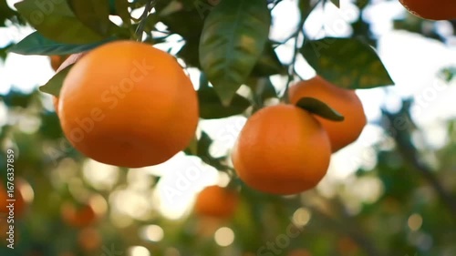 Close up of ripe oranges hanging on tree branches with green leaves in bright sunlight outdoors