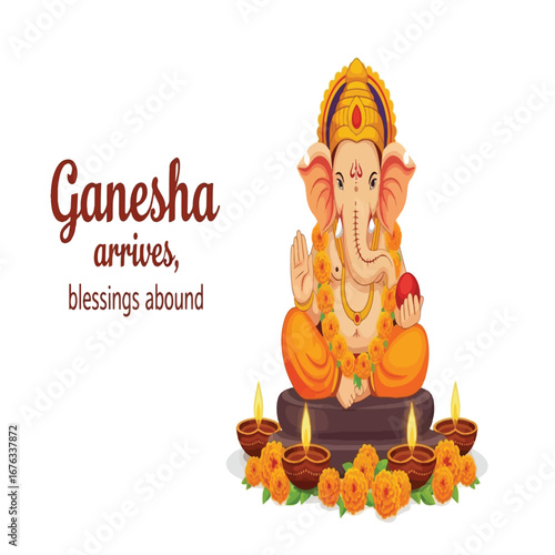 Illustration of the Hindu god Ganesha seated with lit diyas and marigold flowers for the Ganesh Chaturthi festival.