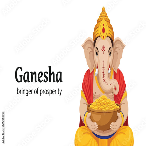 Illustration of Ganesha, the Hindu god of prosperity and remover of obstacles, holding a pot of gold.