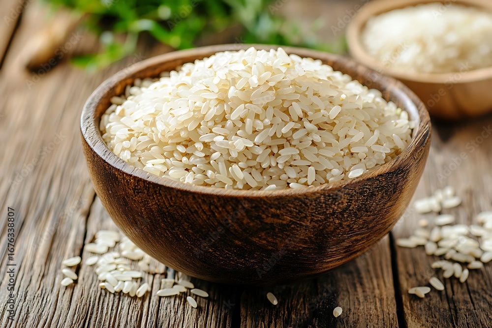 Raw white rice grains in wooden bowl high resolution picture
