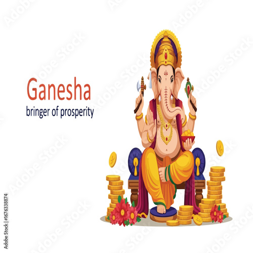 Hindu god Lord Ganesha, the bringer of prosperity, seated on a throne surrounded by gold coins and flowers.