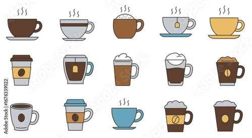 Collection of colorful flat line art icons depicting various coffee and tea beverages in cups and mugs.