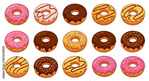 A colorful collection of assorted cartoon donuts with various frostings, drizzles, and sprinkles.