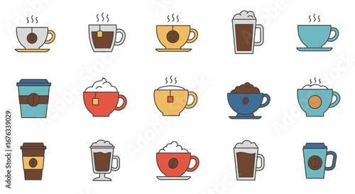 Colorful flat line icon set of various hot beverages, including coffee, tea, and cocoa in assorted mugs, glasses, and to-go cups.