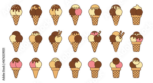 A diverse collection of cartoon-style ice cream cones with chocolate, vanilla, and strawberry scoops, decorated with syrup and wafers.