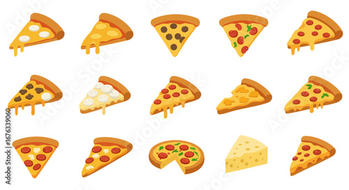 A diverse collection of cartoon pizza slices and a whole pie, featuring various toppings like pepperoni, olives, and melted cheese.