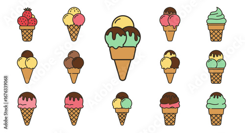 A vibrant collection of colorful cartoon ice cream cones with various flavors and chocolate toppings.
