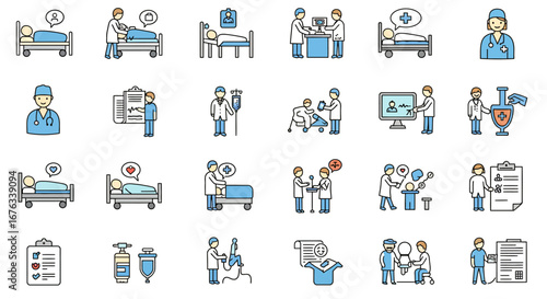 A comprehensive set of colored line art icons illustrating various medical, hospital, and healthcare scenes.