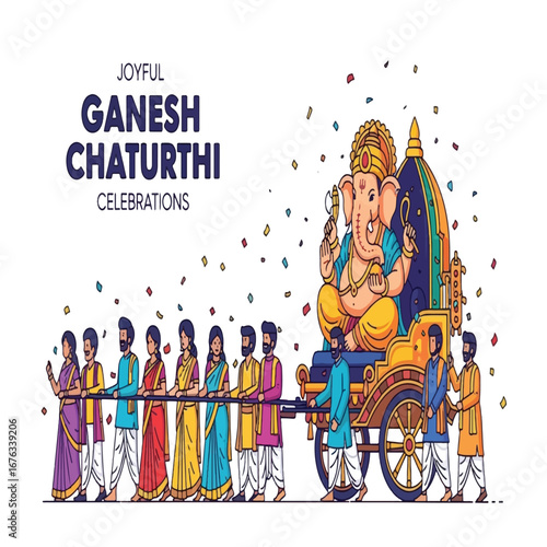 Joyful Ganesh Chaturthi celebrations with people carrying a Ganesha idol in a decorated chariot during a festive procession.