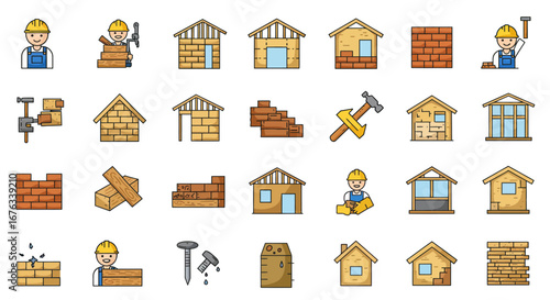 Colorful Cartoon Icons - House Construction Stages and Workers.