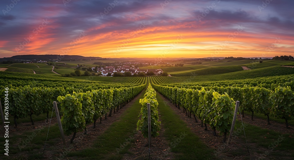 Naklejka premium Lush vineyard valley under golden evening skies - view 180