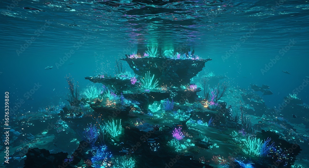 Fototapeta premium Glowing alien reef beneath translucent seas - view 192
