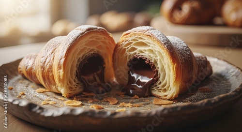 A photorealistic image of a croissant with chocolate filling cut open, on a rustic plate, with bright morning light, creating a fresh bakery atmosphere.
