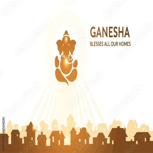 A golden silhouette of Lord Ganesha shines brightly above a cityscape, casting rays of light onto the buildings below.