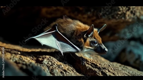 Close up of a brown bat resting inside a dark cave with textured rocky walls and dim lighting halloween bat video