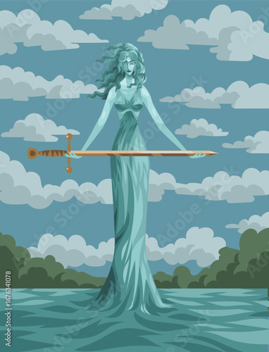 nimue the lady of the lake holding excalibur sword