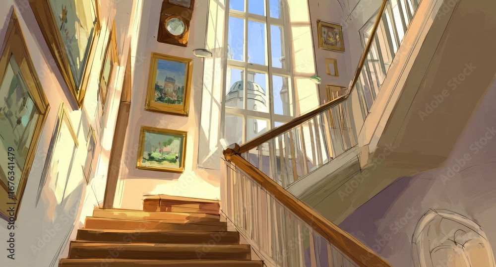 Obraz premium Sunlit, ornate staircase in an art gallery