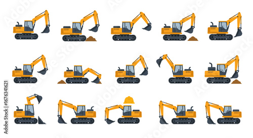 Yellow Excavator in Various Digging Positions - A Set of Detailed Illustrations.