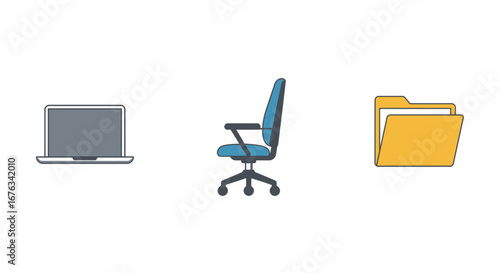 Teal Ergonomic Office Chair Icon, Swivel Base, Armrests, Simple Line Art Style.