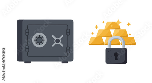 Secure Steel Safe with Gold Bars and Padlock Icon.