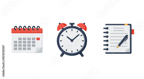Flat-style Icons - Calendar, Alarm Clock, and Notebook with Pen  Time Management Symbols.