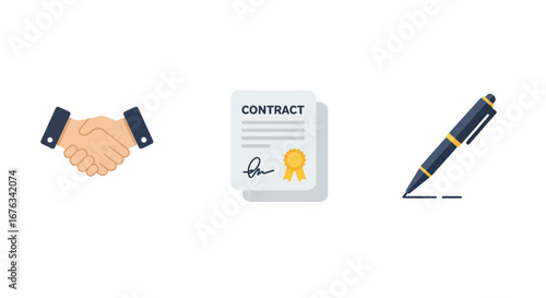 Flat-Style Contract Signing Icons - Handshake, Agreement, and Pen.