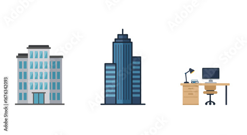 Colorful Vector Icons of Office Building, Skyscraper, and Workspace.