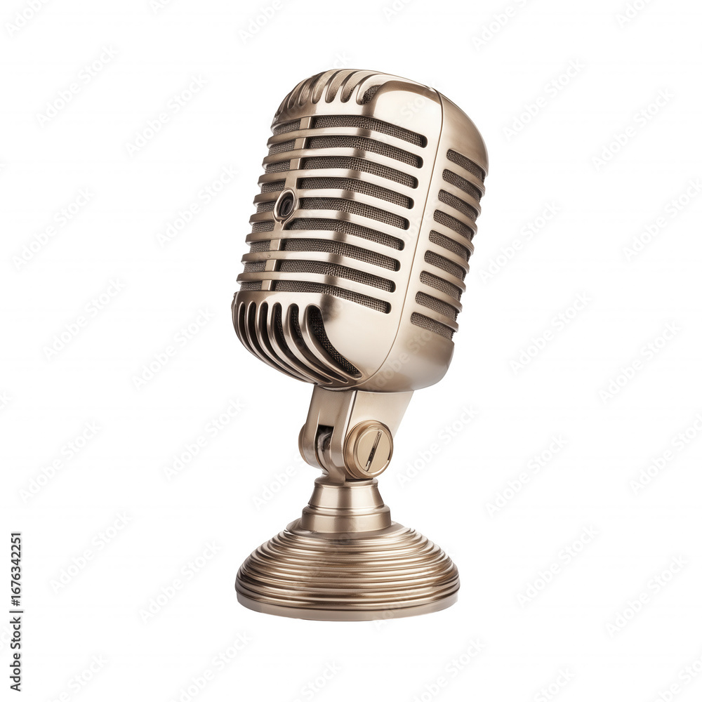 Fototapeta premium Polished vintage-style microphone with gold metallic finish on transparent background