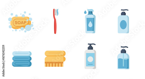 Colorful Flat-Style Bathroom Essentials Icon Set - Soap, Toothbrush, Bottles, Towels.