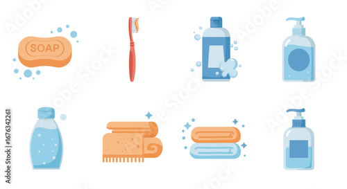 Colorful Flat-Style Icons of Bathroom Hygiene Products.