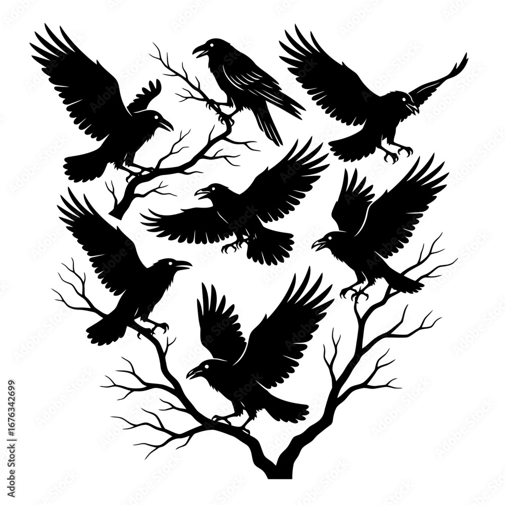 Obraz premium Halloween Icon Set with Ravens in Various Poses on Branches