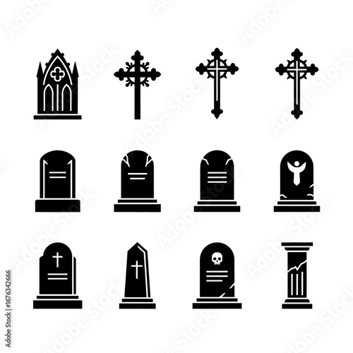 Halloween Icon Set featuring Graveyard Symbols and Tombstones  