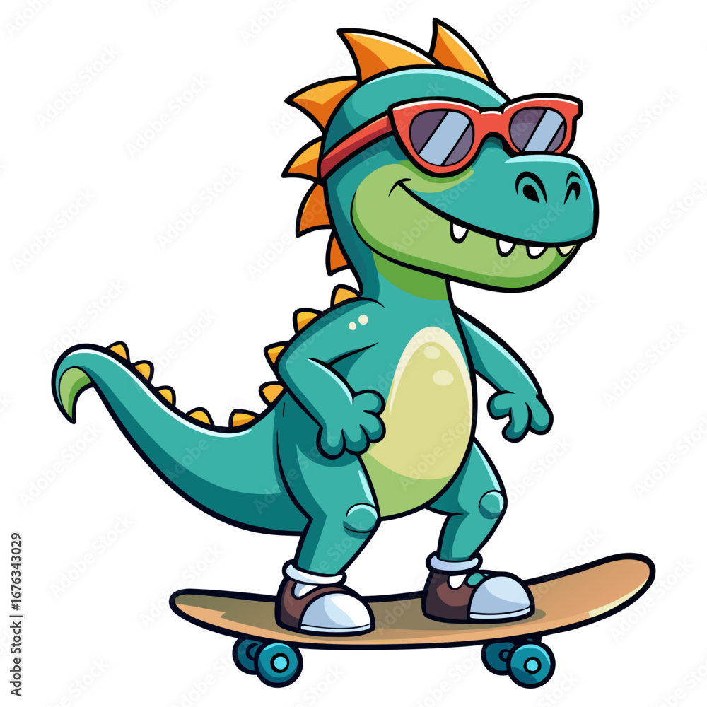 Obraz premium A vector illustration of a smiling dinosaur mascot riding a skateboard, isolated on a white background