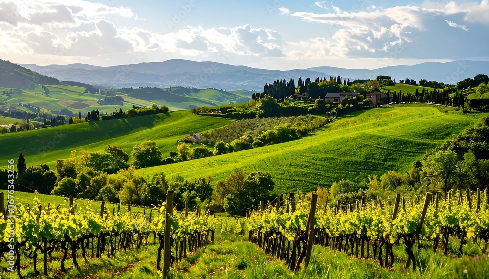 Fototapeta premium Lush Vineyard Landscape Under a Bright Sky with Rolling Hills and Scenic Background