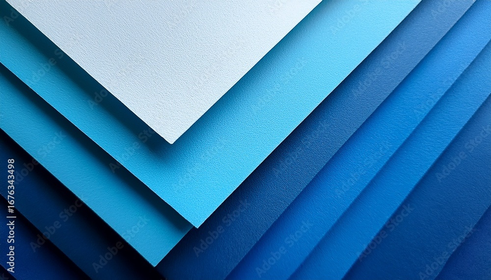 Obraz premium close up of layered sheets of paper or card stock in gradient shades of blue and white creating a geometric pattern with shadow effects