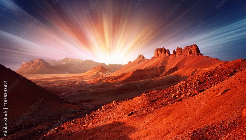 Naklejka premium surreal landscape with red mountains and beams of light in background