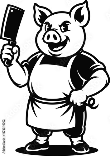Butcher Pig Mascot Holding Cleaver Cartoon Illustration