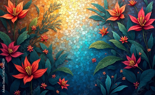 Vibrant art displays red and orange flowers nestled in lush green foliage. A shimmering, mosaic background transitions from warm gold to cool blue.