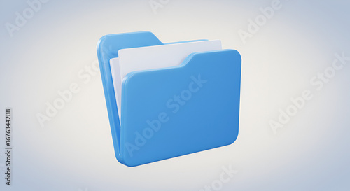 Illustration of a 3D blue folder with white papers against soft color background