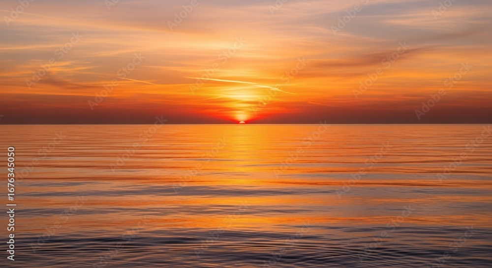 Obraz premium A photorealistic image of a sunset over the ocean horizon, with glowing orange and pink tones and calm waves, creating a peaceful natural beauty.